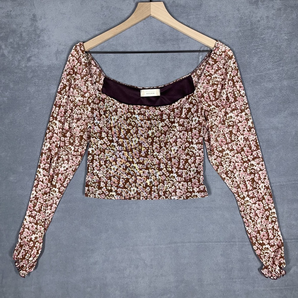 Altar'd State Floral Mesh Crop Top Women's L Brown Pink Long Sleeve‎ Romantic